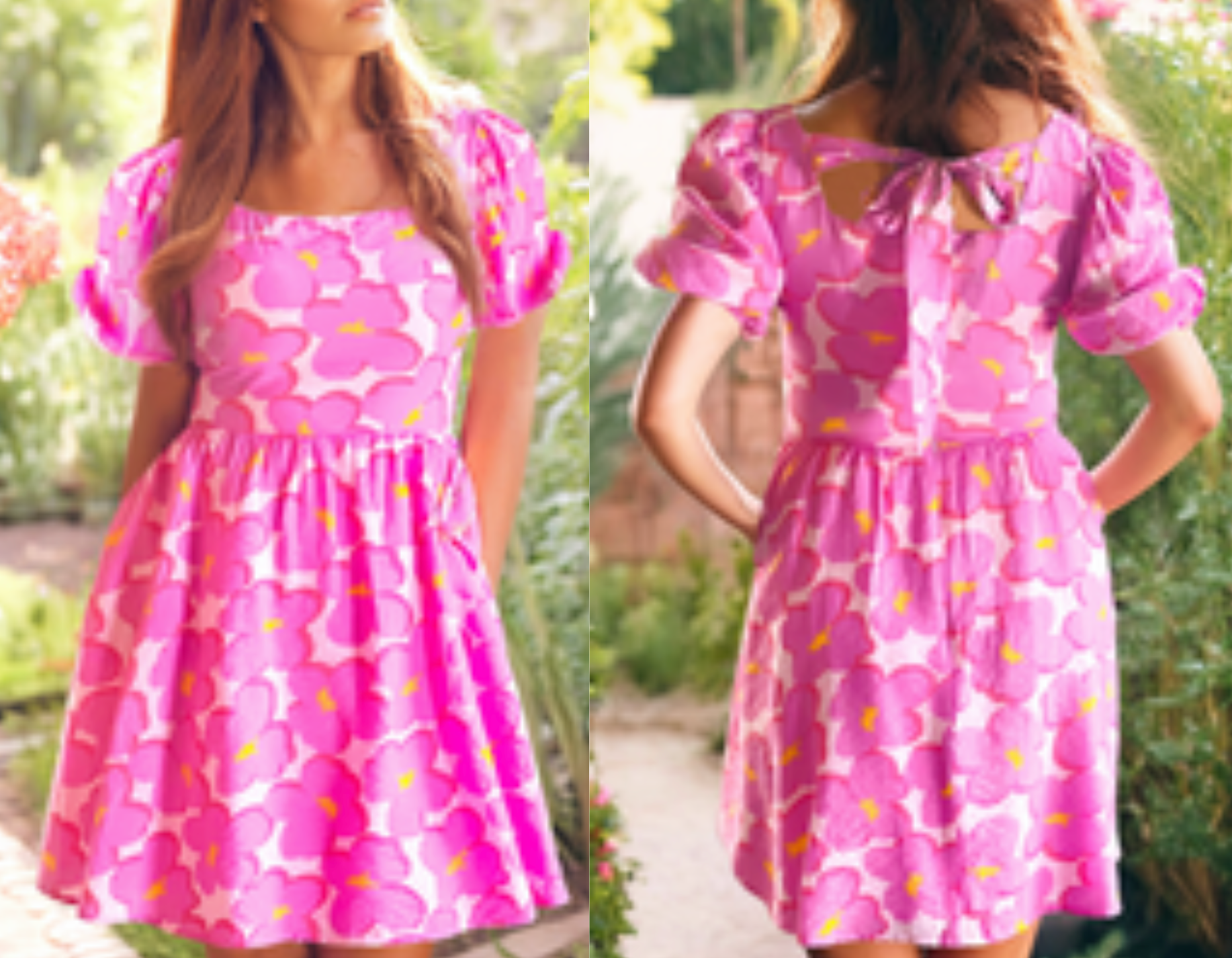 Rose Floral Print Square Neck Empire Waist Flowy Dress