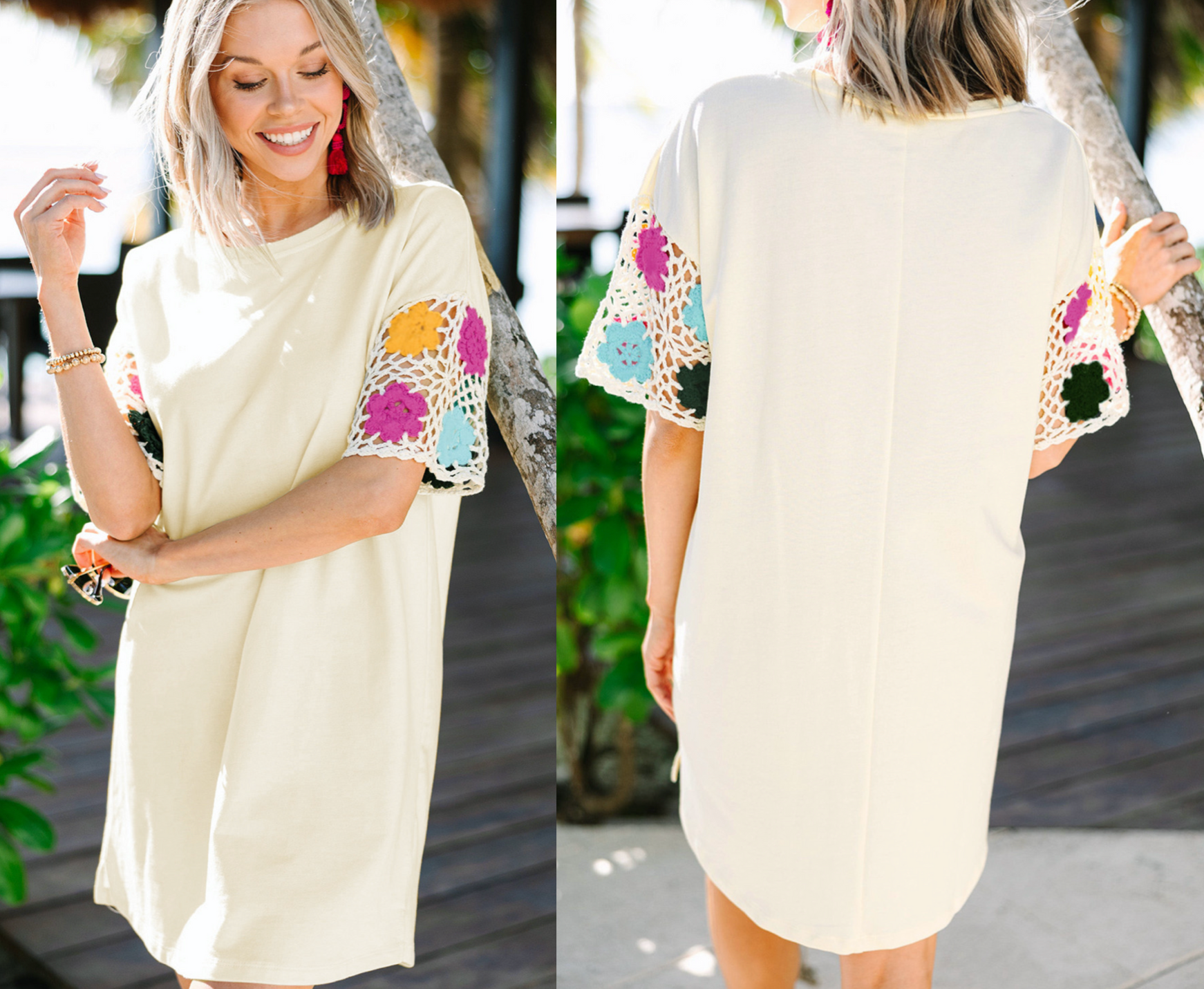 White Floral Crochet Splicing Sleeve T Shirt Dress