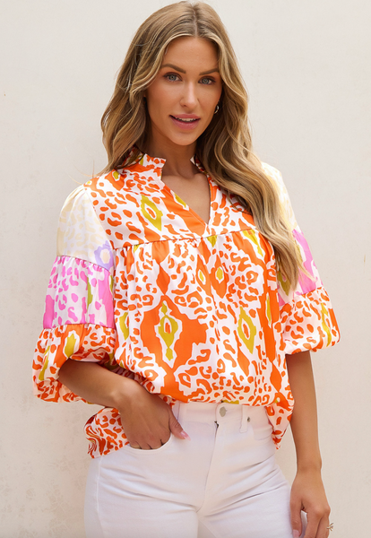 Orange Leopard Colorblock Puff Sleeve Split Neck Blouse