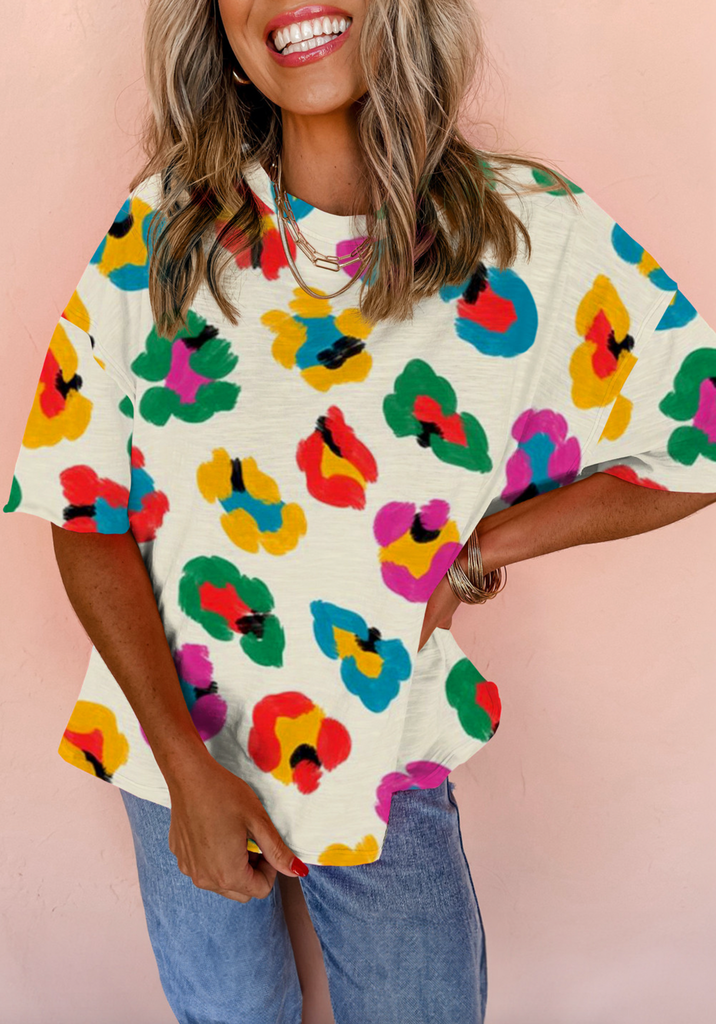 Apricot Leopard Drop Shoulder Oversize Tee