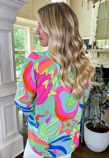 Green Abstract Print Ruffled Sleeve Buttoned V Neck Blouse