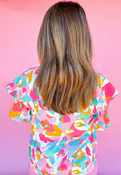 Multicolour Abstract Print Ruffled Sleeve Plus Size Blouse