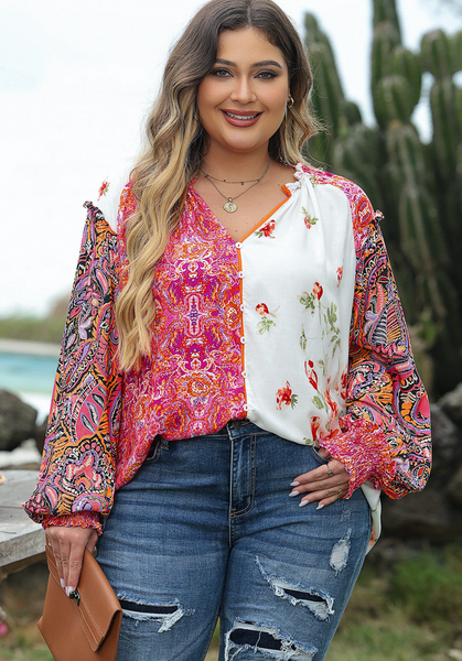 Pink Multicolor Floral Patchwork Shirred Cuffs Buttoned Blouse
