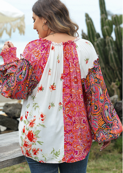 Pink Multicolor Floral Patchwork Shirred Cuffs Buttoned Blouse