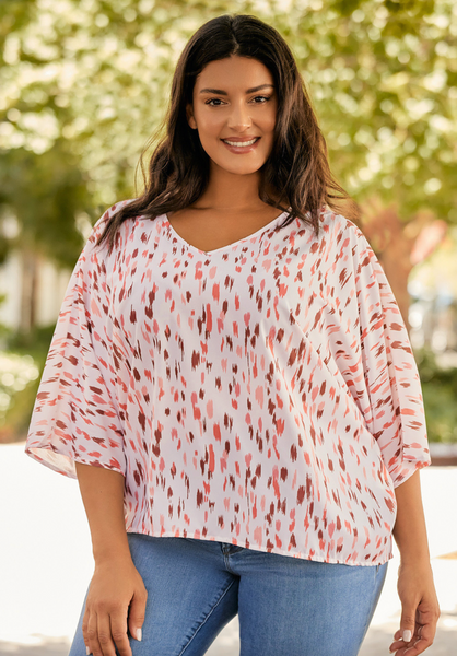 Pink Printed 3/4 Dolman Sleeve Plus Size Blouse