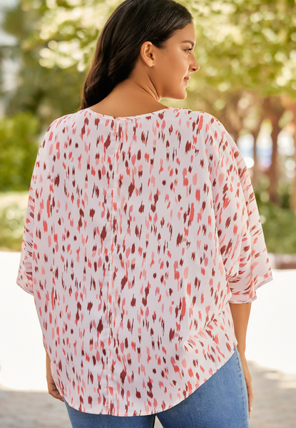 Pink Printed 3/4 Dolman Sleeve Plus Size Blouse