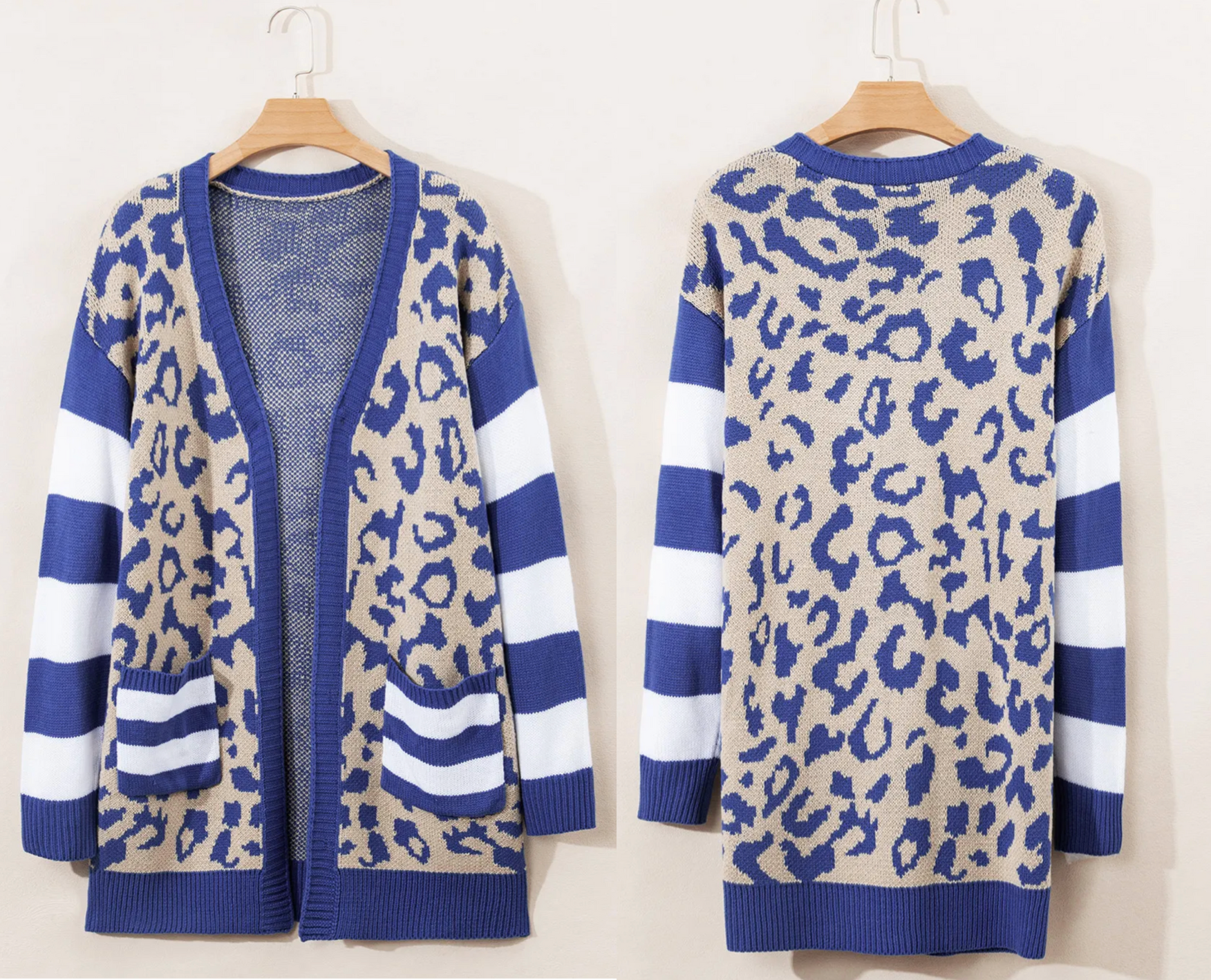 Dark Blue Stripe Sleeve Leopard Print Open Front Cardigan With Pockets