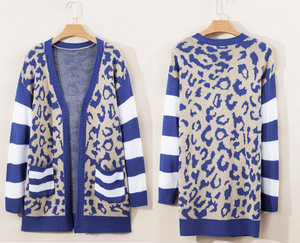 Dark Blue Stripe Sleeve Leopard Print Open Front Cardigan With Pockets