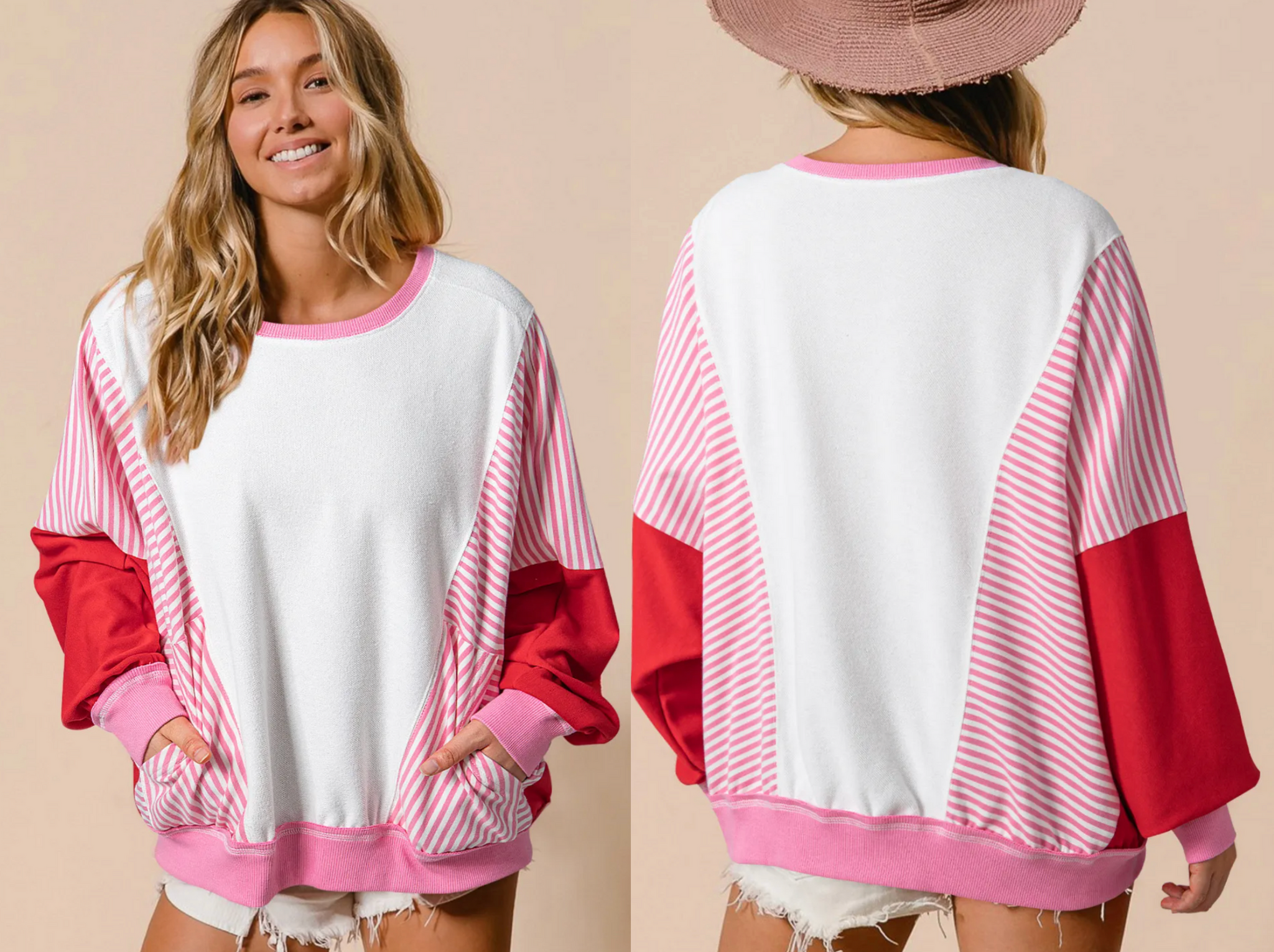 Rose Red Striped Patchwork Batwing Sleeve Pocketed Sweatshirt