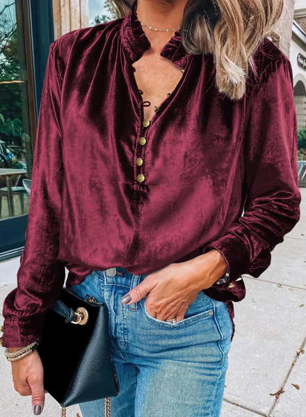 Frilled Neck Buttoned Front Velvet Top