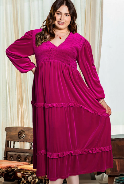 Rose Red Shirred V Neck Long Sleeve Velvet Dress
