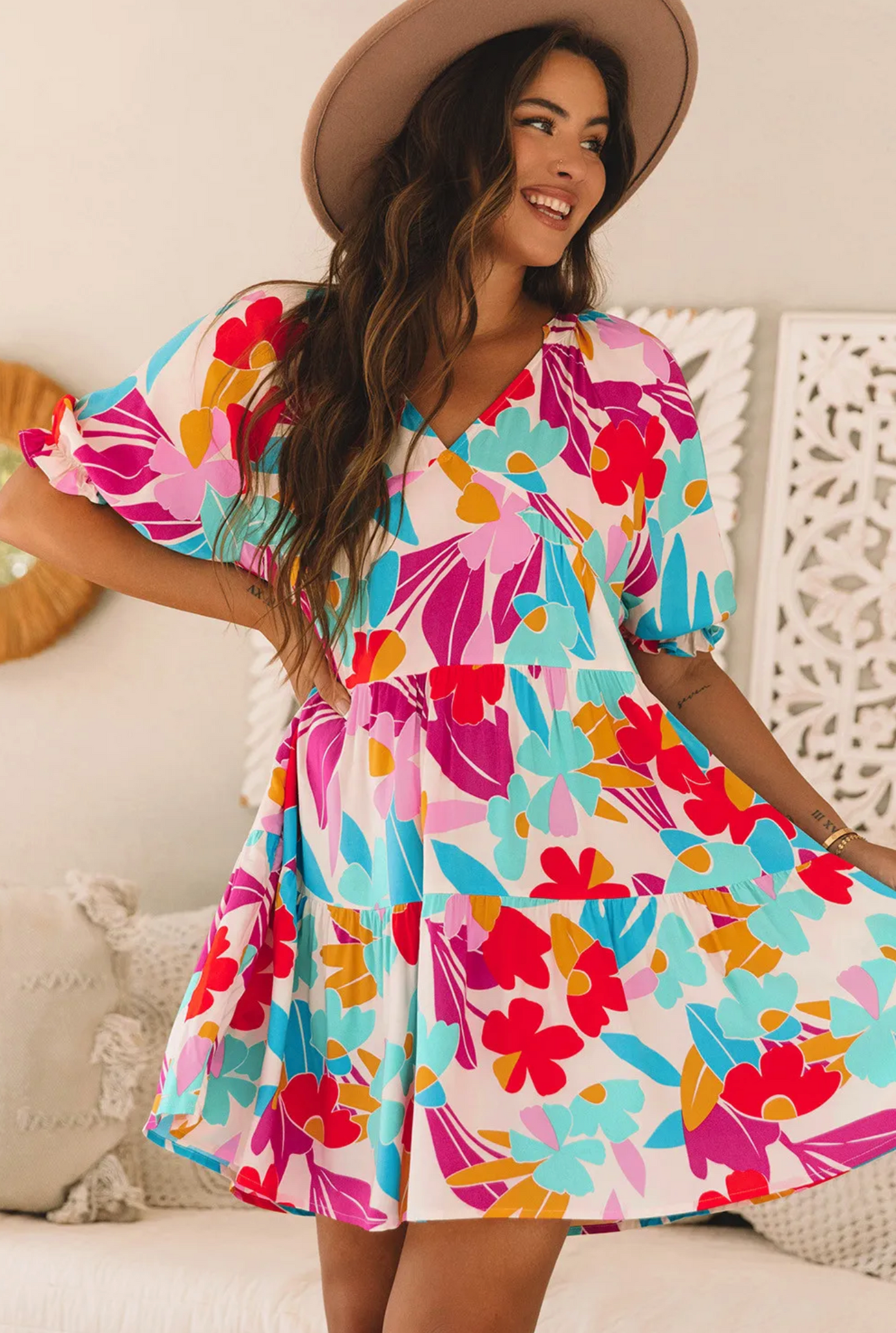 Rose Red Floral Bubble Sleeve V Neck Tiered Ruffle Babydoll Dress