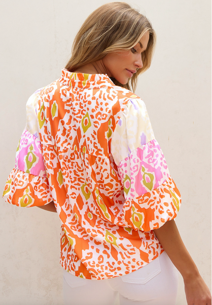 Orange Leopard Colorblock Puff Sleeve Split Neck Blouse