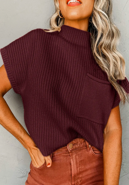 Patch Pocket Ribbed Knit Short Sleeve Sweater