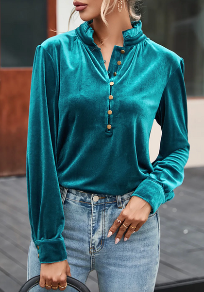 Frilled Neck Buttoned Front Velvet Top