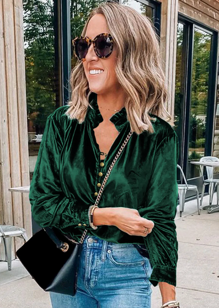 Frilled Neck Buttoned Front Velvet Top