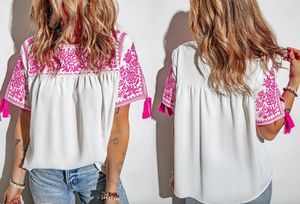 White Embroidered Floral Short Sleeves Shift Top