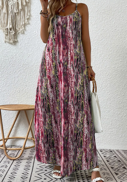 Multicolor Abstract Print Adjustable Spaghetti Strap Maxi Dress