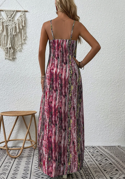 Multicolor Abstract Print Adjustable Spaghetti Strap Maxi Dress