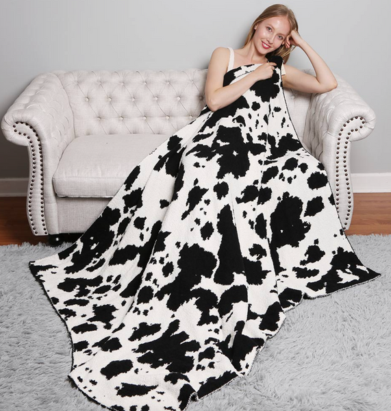 COW PATTERNED REVERSIBLE BLANKETS - BLACK / TAN