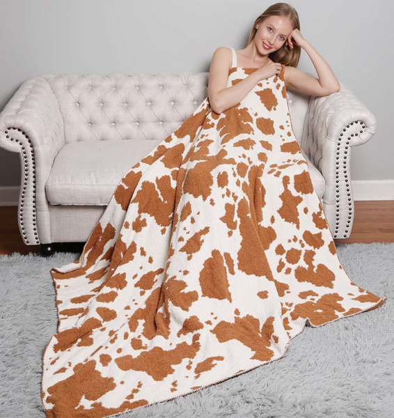 COW PATTERNED REVERSIBLE BLANKETS - BLACK / TAN
