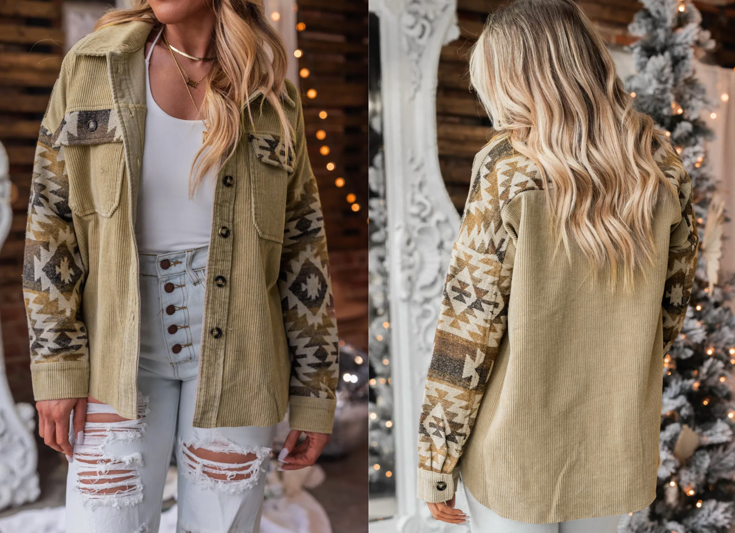 Khaki Aztec Print Patchwork Frayed Edge Corduroy Jacket