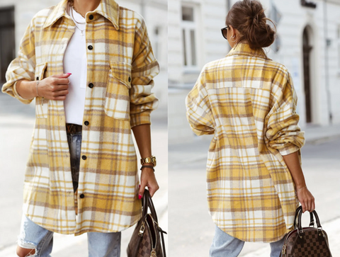 Yellow Plaid Flap Pocket Long Sleeve Shacket