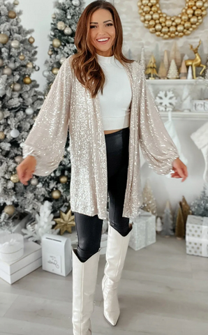 Apricot Sequin Bubble Sleeve Open Front Top
