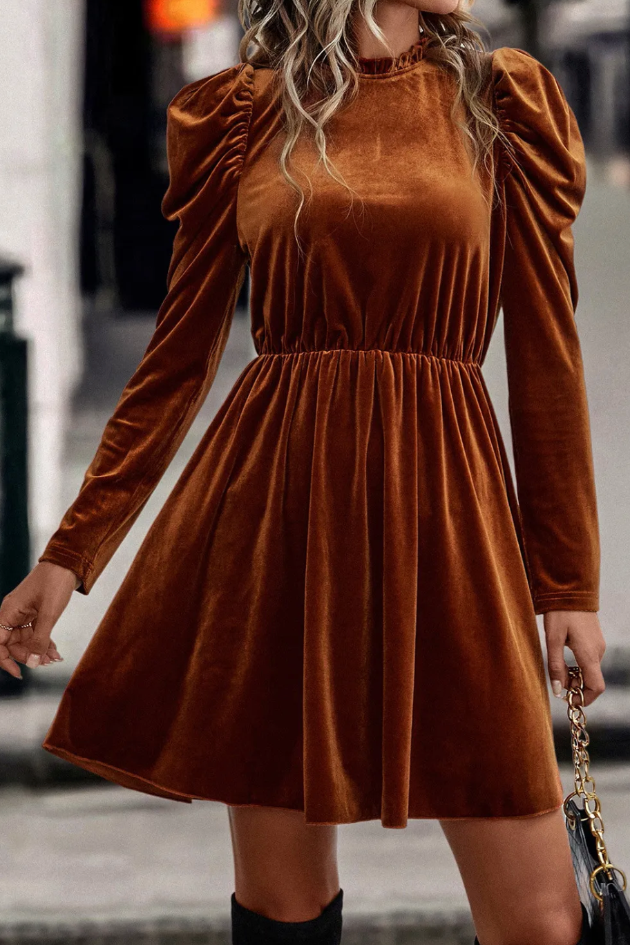 Velvet Frilled Neck Gigot Sleeve Swing Dress