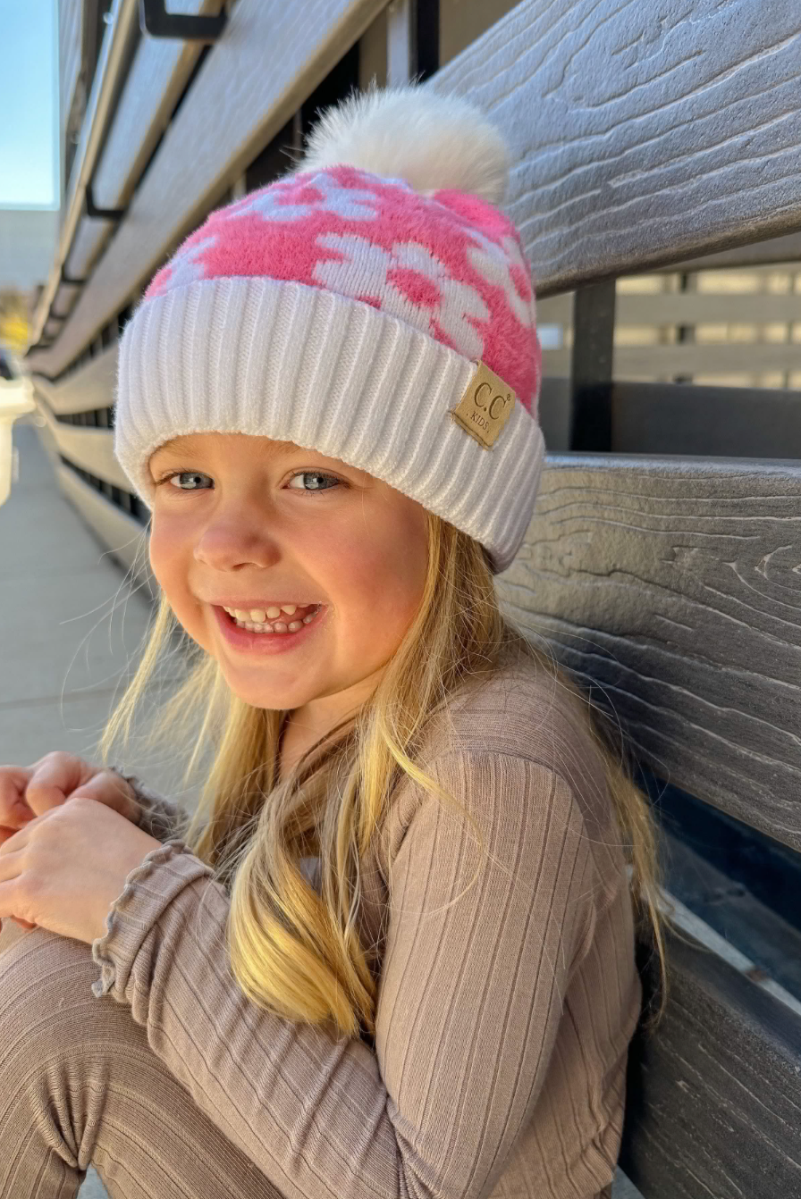 KIDS Daisy Faux Fur Pom C.C Beanie