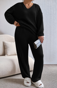 Black Ribbed V Neck Pullover and Pants Set