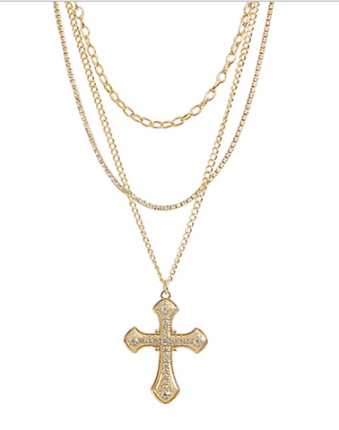 3 Row Disc & Cable Chain Cross Necklace