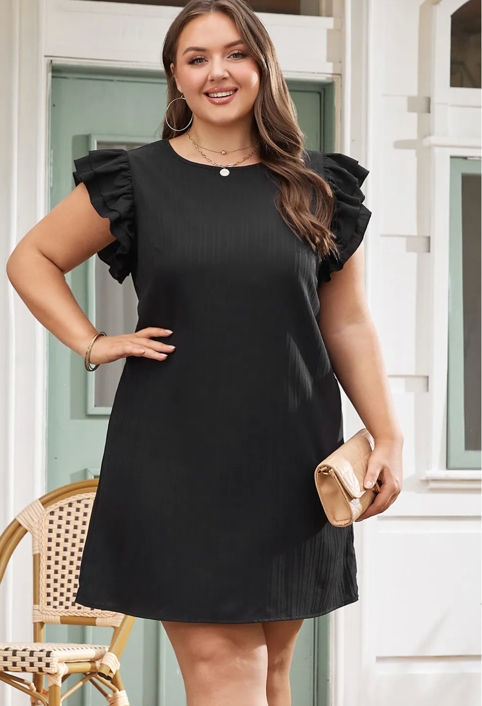 plus size shift dress black Black Ruffled Sleeve Rib Textured Plus Size Shift Dress