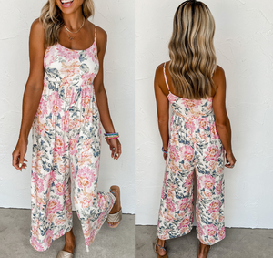 White Floral Spaghetti Straps Wide Leg Jumpsuit