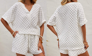 White Textured Split Neck Top and Drawstring Shorts Set