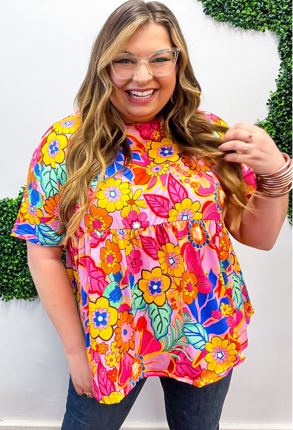 Pink Floral Print Short Sleeve Plus Size Babydoll Blouse