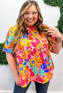 Pink Floral Print Short Sleeve Plus Size Babydoll Blouse