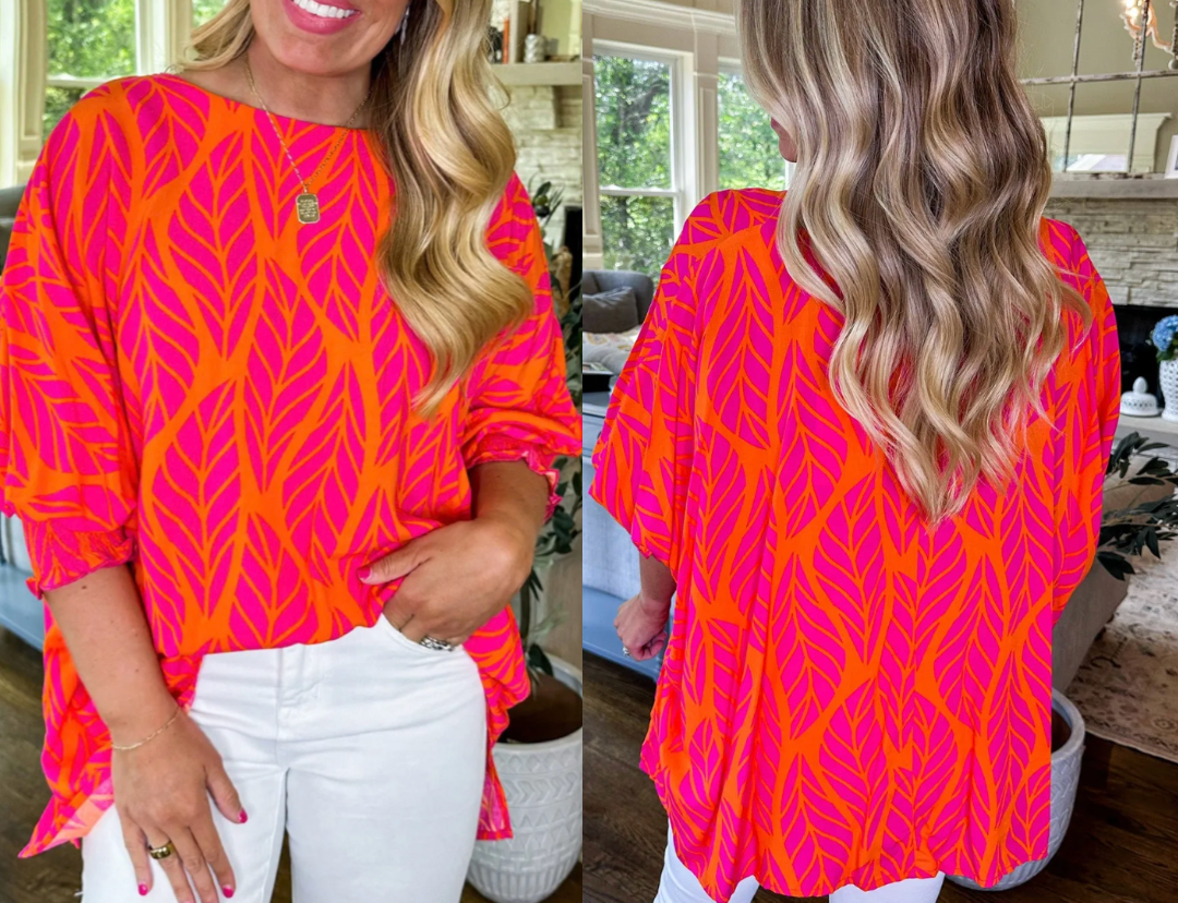Rose Leafy Printed Smocked Lantern Sleeve Plus Size Blouse