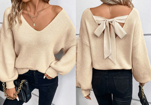 Apricot Lantern Sleeve V Neck Knot Back Sweater
