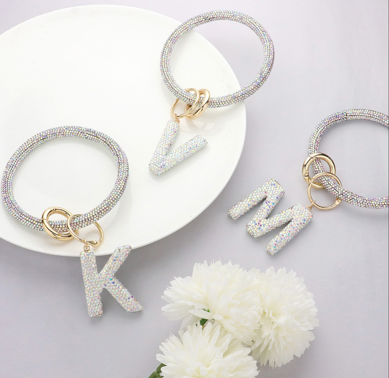 Bling Studded Monogram Charm Bracelet Keychain