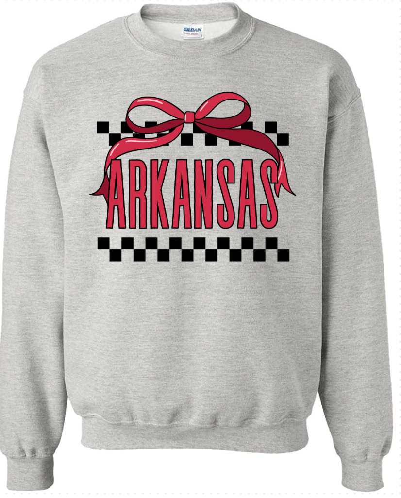 ARKANSAS WITH CHECKER BORDER & BOW - ASH SWEATSHIRT CLEARANCE