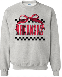 ARKANSAS WITH CHECKER BORDER & BOW - ASH SWEATSHIRT CLEARANCE