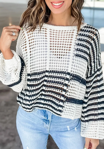 White Stripe Hollow-out Openwork Knit Puff Sleeve Sweater
