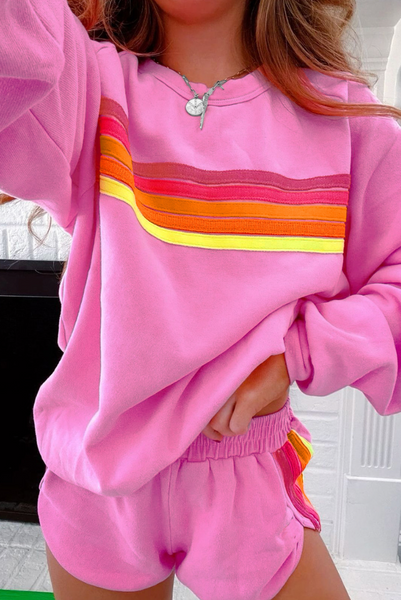Striped Accent Pullover and Shorts Two Piece Casual Set
