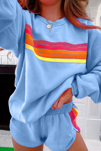 Striped Accent Pullover and Shorts Two Piece Casual Set