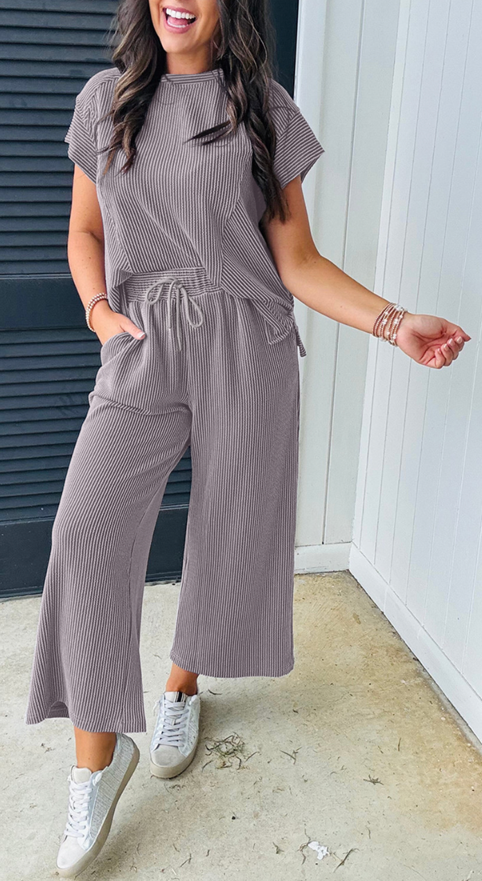 Wild Wind Solid Corded Knit Short Sleeve T Shirt and Wide Leg Pants Set