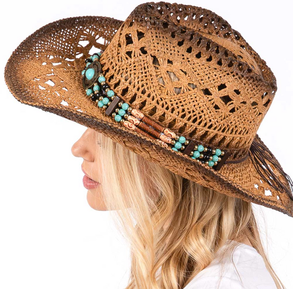 Tea Stained Open Weave Cowboy Hat with Western Wood Bead Band