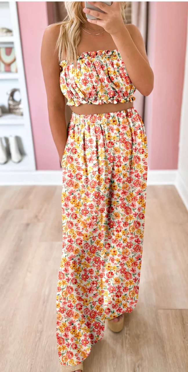 Pink Boho Floral Bandeau Top and High Waist Wide Leg Pants Set