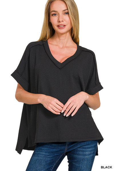 CORDED RIB SHORT SLEEVE HI-LOW V NECK TOP