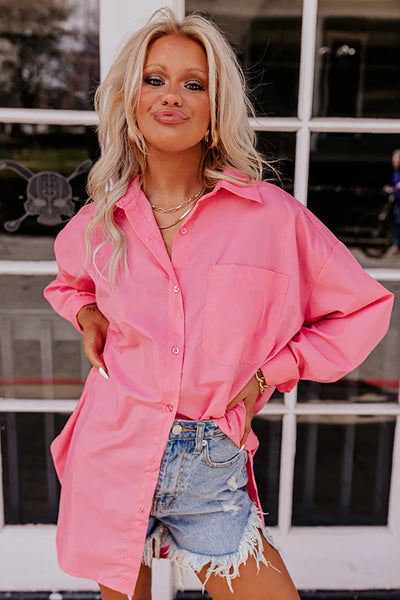 Pink Solid Color Long Sleeve Oversized Tunic Shirt